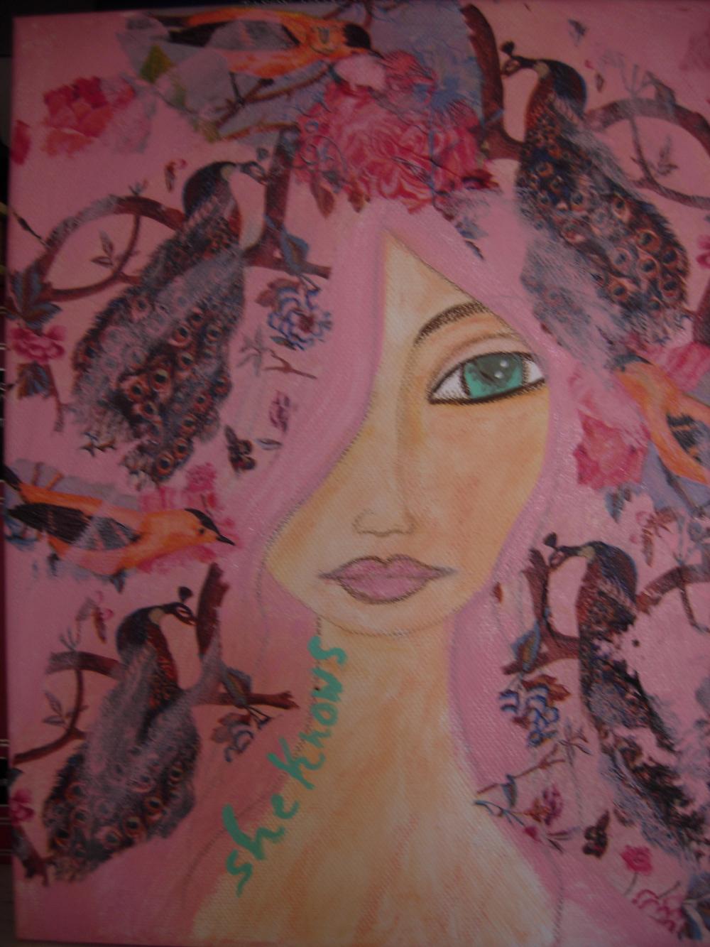 She Knows....-Original mixed media painting and collage on canvas 25x30cm by a Pink Dreamer