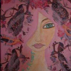 She Knows....-Original mixed media painting and collage on canvas 25x30cm by a Pink Dreamer